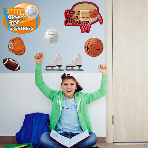Thenshop 72 Pcs Sports Party Bulletin Board Borders Sports Theme Cutouts Baseball Football Paper Cut Outs Decorations Set with Teamwork Sayings Classroom for Teachers Class School(Construction) in Saudi Arabia