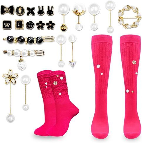 2 Pairs White Slouch Socks with 21 Pcs Sock Charms Pins Jewelry for DIY Socks Shoes Hat Clothing Accessories (White) in Saudi Arabia