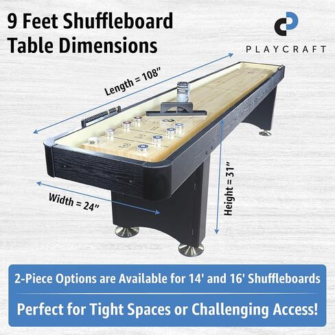 Playcraft Woodbridge Shuffleboard Table مع خزانة تخزين - طاولة ألعاب خلط ورق اللعب مع مواكبة مطابقة Abacus ، 8 كرات ، فرشاة وشمع (صنع في الولايات المتحدة) - Pro Style Climate Favers in Kuwait