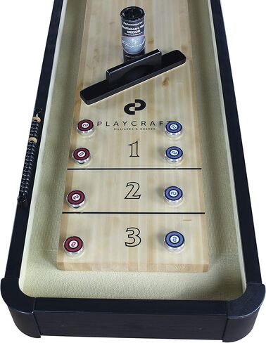 Playcraft Woodbridge Shuffleboard Table with Storage Cabinet - Shuffle Board Game Table Set with Matching Abacus, 8 Pucks, Brush & Wax (Made in USA) - Pro Style Climate Adjusters in Kuwait