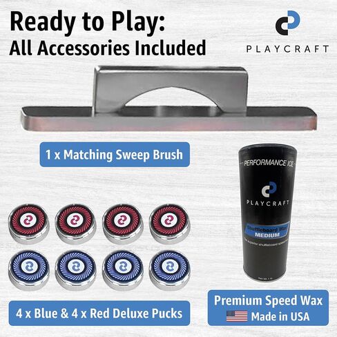Playcraft Woodbridge Shuffleboard Table مع خزانة تخزين - طاولة ألعاب خلط ورق اللعب مع مواكبة مطابقة Abacus ، 8 كرات ، فرشاة وشمع (صنع في الولايات المتحدة) - Pro Style Climate Favers in Kuwait