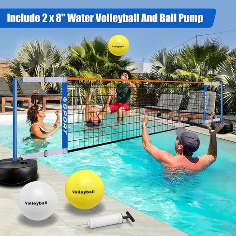 Pool Volleyball Net - Portable Indoor/Outdoor Swimming Pool Volleyball Net System with 2 Water Volleyballs and Heavy Duty Base.Adjustable Length 15-25FT for Pickleball and Tennis Net in Saudi Arabia