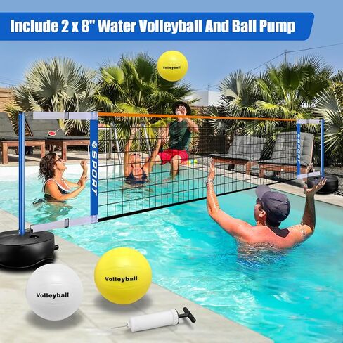 Pool Volleyball Net - Portable Indoor/Outdoor Swimming Pool Volleyball Net System with 2 Water Volleyballs and Heavy Duty Base.Adjustable Length 15-25FT for Pickleball and Tennis Net in Saudi Arabia
