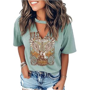 Sexy V Neck T Shirts for Women Tie Dye Hollow Out Blouse Tops Summer Loose Casual Shirt Country Music Graphic Tee Shirts in Saudi Arabia