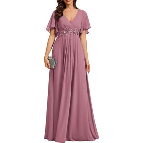 Ever-Pretty Formal Dresses for Women A-Line V-Neck Ruched Short Sleeves Applique Waist Mother of Bride Dress in Kuwait