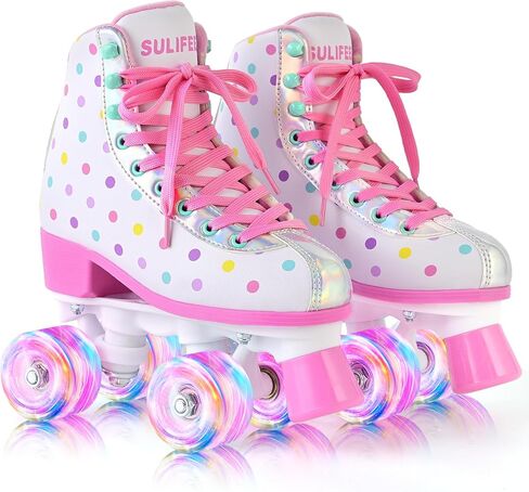 SULIFEEL Roller Skates for Girls and Women with Light up Wheels and Polka Dot Pattern, Kids and Adult Roller Sktes for Outdoor and Indoor Use in Kuwait