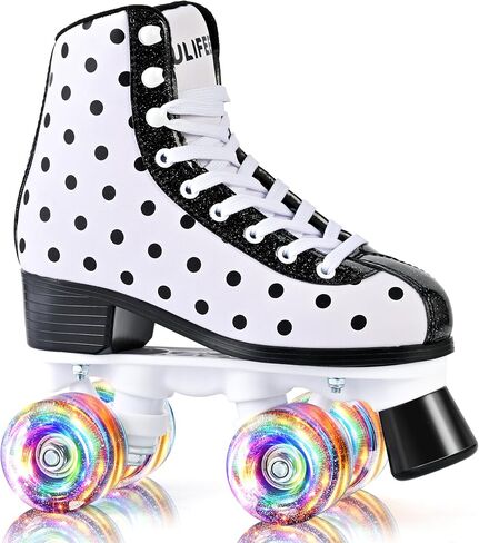 SULIFEEL Roller Skates for Girls and Women with Light up Wheels and Polka Dot Pattern, Kids and Adult Roller Sktes for Outdoor and Indoor Use in Kuwait