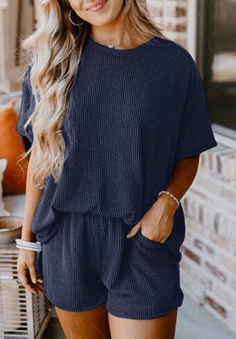 نساء Pajama مجموعات 2 قطعة PJS Sleepwear ناعمة مريحة الأكمام قصيرة الأكمام وسراويل القصيرة صالة مجموعة ملابس صالة in Kuwait