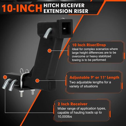 10000 رطل 10 بوصة ناهض تمديد مستقبلات Hitch ، مستقبل 2 بوصة مع قطرة 10 بوصة ، طول 9 "أو 11" ، تصميم ثنائي ثنائي المزدوج ، دبابيس عوائق 3 عبوات ، غطاء مقطورة عالمي ، أسود in Kuwait