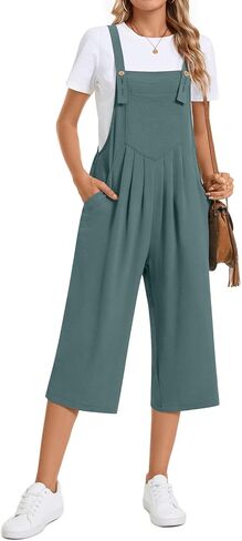 TAOHUADAO Womens Adjustable Jumpsuits Casual Wide Leg Overalls Summer Boho Sleeveless Loose Rompers with Pocket L, Blue Green in Kuwait