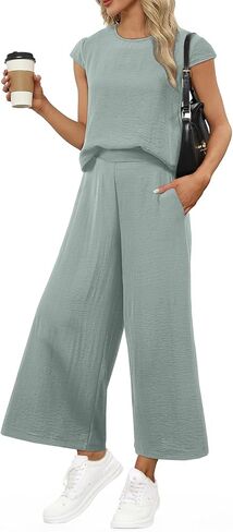 أزياء التقييم للنساء الصيفي 2 قطعة 2025 كاب كأس الأكمام العلوية وسروال الساق الواسع مطابقة ملابس العطلة in Kuwait