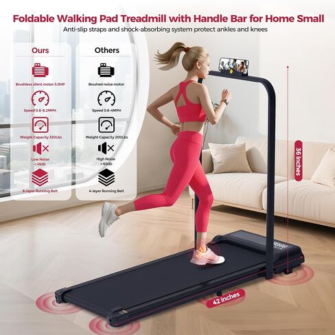 Portable Walking Pad Treadmill with Handle Bar, 3.0HP Electric Home Small Walking Pads Treadmills with Handles for Small Spaces, 0.6-6.2MPH Under Desk Treadmill for Home Office Small, 320LBS in Saudi Arabia