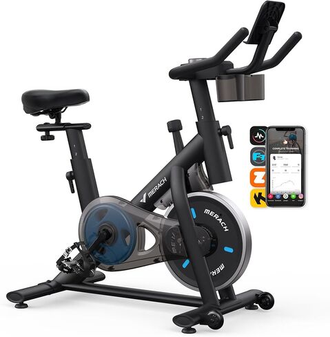 MERACH Exercise Bike, Brake Pad Stationary Bike with Exclusive App, Low Noise Indoor Cycling Bike with 300lbs Weight Capacity, Tablet Mount and Fitness Courses for Weight Loss in Kuwait