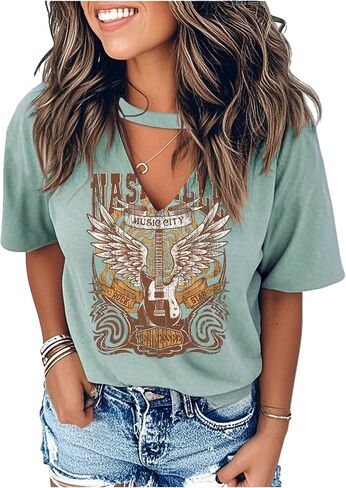 Sexy V Neck T Shirts for Women Tie Dye Hollow Out Blouse Tops Summer Loose Casual Shirt Country Music Graphic Tee Shirts in Saudi Arabia