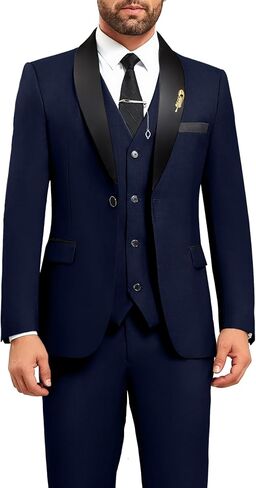 Mens Suit Slim Fit 3 Pieces Suit 1 Button Shawl Lapel Men Suit Blazer Jacket Vest Pants Bow Tie Pocket Square Brooch in Saudi Arabia