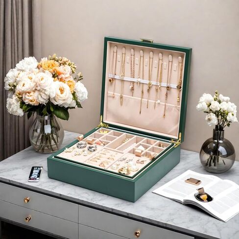 منظم المجوهرات الصغيرة للنساء ، صندوق مجوهرات سفر ثنائي الطبقات مع حالة محمولة ، تخزين حلقة قلادة للفتيات ، هدايا المراهقين (أسود) in Kuwait