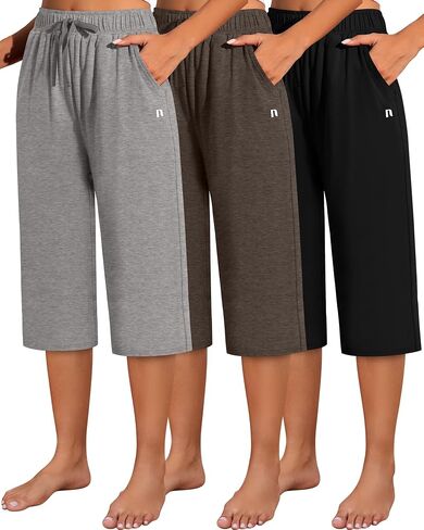Neer 3 Pack Women's Capri Pants, Cotton Wide Leg Basic Sweatpants Lounge Loose Fit Casual Drawstring Yoga Capris with Pockets(Black, Wine Red, Midnight Blue,X-Large) in Kuwait