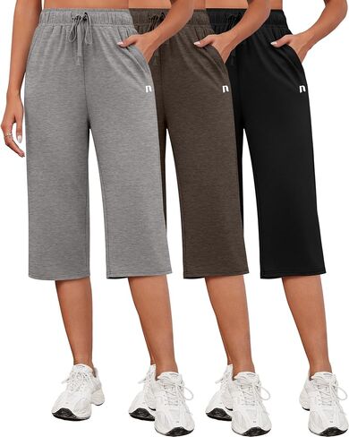 Neer 3 Pack Women's Capri Pants, Cotton Wide Leg Basic Sweatpants Lounge Loose Fit Casual Drawstring Yoga Capris with Pockets(Black, Wine Red, Midnight Blue,X-Large) in Kuwait