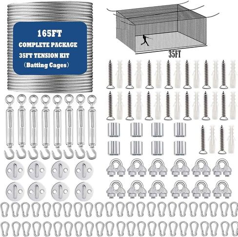 Batting Cage Netting Wire Tension Kit for 35/55/70FT Batting Cage Cable Suspension Kits Batting Cage Netting Baseball Softball DIY Net Hanging Kit Indoor and Outdoor Backyard Design in Kuwait