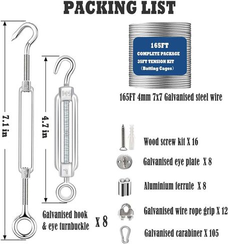 Batting Cage Netting Wire Tension Kit for 35/55/70FT Batting Cage Cable Suspension Kits Batting Cage Netting Baseball Softball DIY Net Hanging Kit Indoor and Outdoor Backyard Design in Kuwait