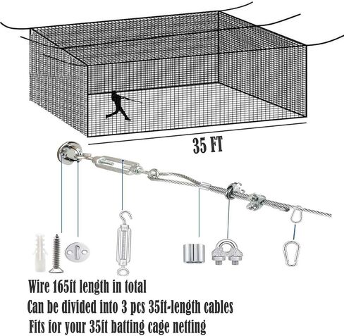 Batting Cage Netting Wire Tension Kit for 35/55/70FT Batting Cage Cable Suspension Kits Batting Cage Netting Baseball Softball DIY Net Hanging Kit Indoor and Outdoor Backyard Design in Kuwait