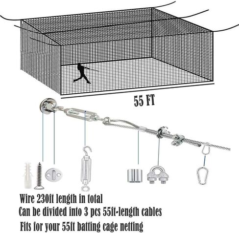 Batting Cage Netting Wire Tension Kit for 35/55/70FT Batting Cage Cable Suspension Kits Batting Cage Netting Baseball Softball DIY Net Hanging Kit Indoor and Outdoor Backyard Design in Kuwait