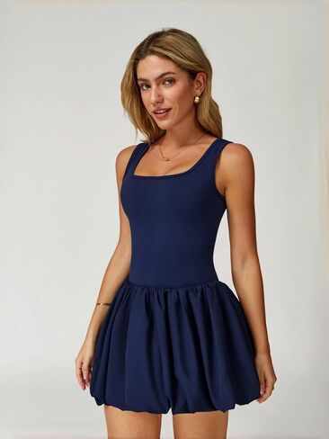 ABOCIW Womens Bubble Tennis Dress Squre Neck Sleeveless Workout Golf Athletic Dress Built in Bra & Shorts with Pockets in Saudi Arabia