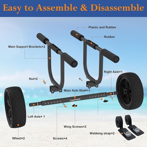 GanFind Kayak Cart Canoe Trolley Carrier Kayak Accessories Transport Dolly with Solid Foam Wheels Detachable Frame Pole and Crossbar in Kuwait