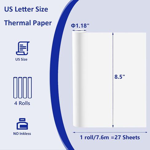 6 Rolls Thermal Paper 8.5 X 11 Inch, US Letter Paper Roll for M08f M832 Portable Printer, Thermal Printer Paper, Quick-dry A4 Paper Rolls for M08f M832 Inkless Printer, Paper for Printer in Kuwait