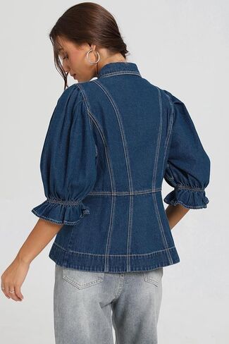 D-sun نساء قصير الأكمام الدنيم قميص v-neck الأكمام نفخة لأسفل جان قميص سترة أزياء in Kuwait