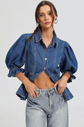 D-sun نساء قصير الأكمام الدنيم قميص v-neck الأكمام نفخة لأسفل جان قميص سترة أزياء in Kuwait