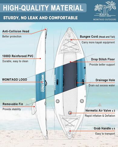 PVC Inflatable Kayak with Drop Stitch Floor, Recreational Touring Kayak with Kayak Paddle, Hand Pump and Carrying Bag, 1-2 Person in Kuwait