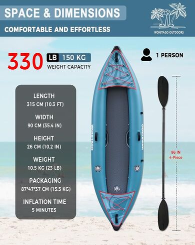 PVC Inflatable Kayak with Drop Stitch Floor, Recreational Touring Kayak with Kayak Paddle, Hand Pump and Carrying Bag, 1-2 Person in Kuwait