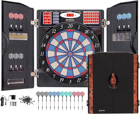 WIN.MAX مجموعة خزانة لوحة DART Electronic ، LED Electric Digital Tip Soft Dart لوحات للبالغين مع خزانة ، ما يصل إلى 16 لاعبًا ، 38 لعبة و 211 اختلافًا مع 12 طرفًا ناعمًا. in Kuwait