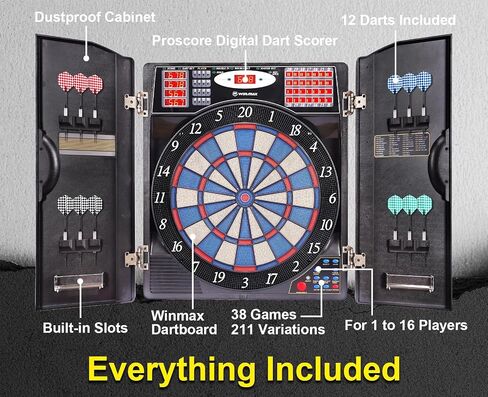 WIN.MAX مجموعة خزانة لوحة DART Electronic ، LED Electric Digital Tip Soft Dart لوحات للبالغين مع خزانة ، ما يصل إلى 16 لاعبًا ، 38 لعبة و 211 اختلافًا مع 12 طرفًا ناعمًا. in Kuwait