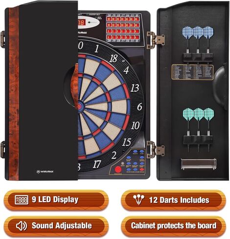 WIN.MAX مجموعة خزانة لوحة DART Electronic ، LED Electric Digital Tip Soft Dart لوحات للبالغين مع خزانة ، ما يصل إلى 16 لاعبًا ، 38 لعبة و 211 اختلافًا مع 12 طرفًا ناعمًا. in Kuwait