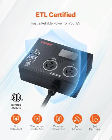 VEVOR NEMA Splitter for Dryer and EV, 3-Color LED Indicator, 240V Smart Power Distribution, with NEMA 14-50 Plug, Two NEMA 14-50 Outlets, 3.4'' LCD Screen, Max 44A (Dryer)/40A (EV), ETL Certified in Kuwait