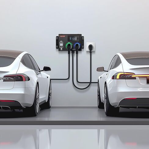 VEVOR NEMA Splitter for Dryer and EV, 3-Color LED Indicator, 240V Smart Power Distribution, with NEMA 14-50 Plug, Two NEMA 14-50 Outlets, 3.4'' LCD Screen, Max 44A (Dryer)/40A (EV), ETL Certified in Kuwait