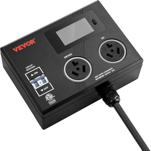 VEVOR NEMA Splitter for Dryer and EV, 3-Color LED Indicator, 240V Smart Power Distribution, with NEMA 14-50 Plug, Two NEMA 14-50 Outlets, 3.4'' LCD Screen, Max 44A (Dryer)/40A (EV), ETL Certified in Kuwait