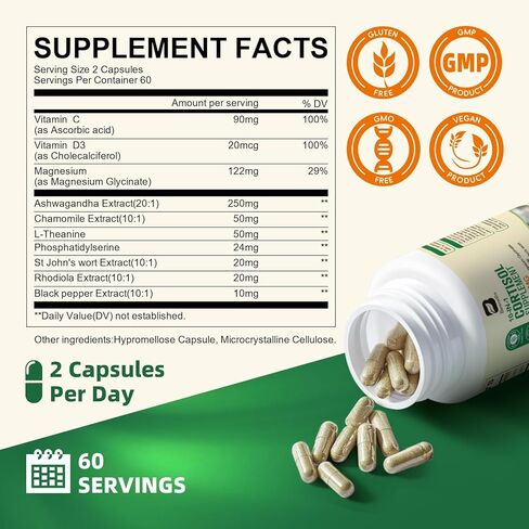 Cortisol Supplements for Women, 10-in-1 Cortisol Reducer Manager Supplements with Ashwagandha, Magnesium Glycinate, L-Theanine, Rhodiola, Non-GMO, 60 Vegan Capsules in Kuwait