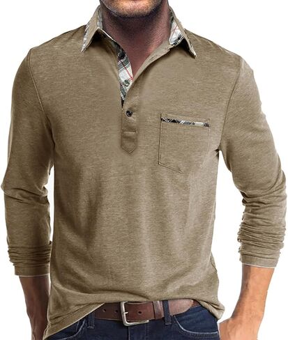 Aulemen Men's Long Sleeve Polo Shirts Casual Button Golf Tshirt Moisture Wicking Cotton Tee Collared Basic Shirts with Pocket in Kuwait