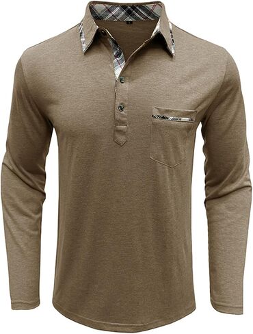 Aulemen Men's Long Sleeve Polo Shirts Casual Button Golf Tshirt Moisture Wicking Cotton Tee Collared Basic Shirts with Pocket in Kuwait