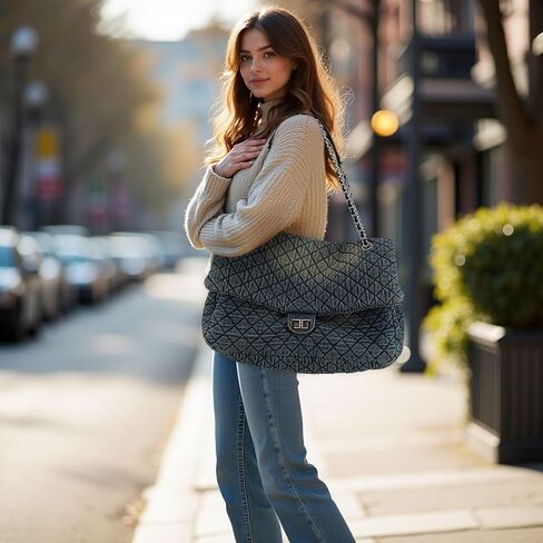 Large Quilted Denim Purse, Oversize Shoulder Bags for Women, Carry-all Crossbody Flap Hobo Tote Bag, Chain Strap Jean Purse in Kuwait
