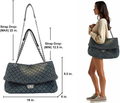 Large Quilted Denim Purse, Oversize Shoulder Bags for Women, Carry-all Crossbody Flap Hobo Tote Bag, Chain Strap Jean Purse in Kuwait