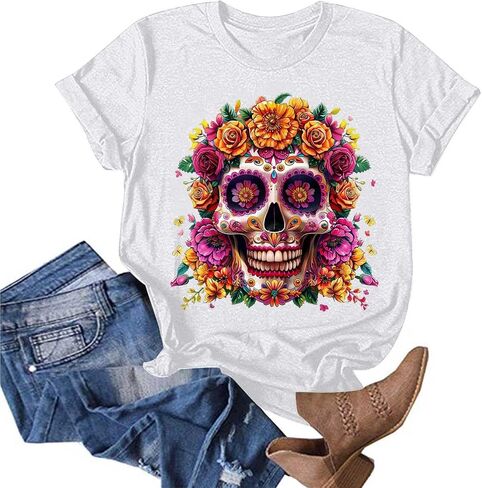 Summer Y2k Tops for Women Vintage Skull Shirts Casual Graphic Short Sleeve Tee Crew Neck Cotton Tshirts Tunics Blouses in Saudi Arabia