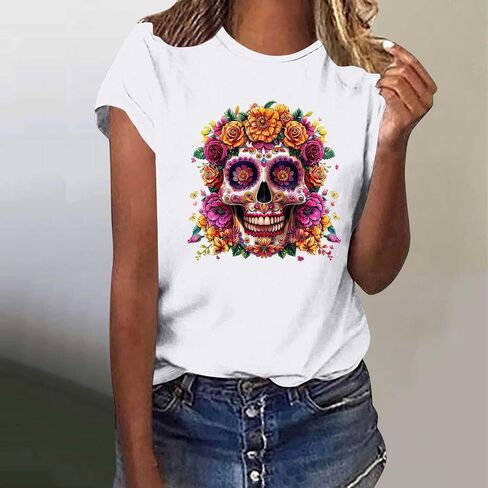 Summer Y2k Tops for Women Vintage Skull Shirts Casual Graphic Short Sleeve Tee Crew Neck Cotton Tshirts Tunics Blouses in Saudi Arabia