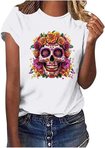 Summer Y2k Tops for Women Vintage Skull Shirts Casual Graphic Short Sleeve Tee Crew Neck Cotton Tshirts Tunics Blouses in Saudi Arabia
