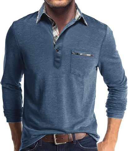 Aulemen Men's Long Sleeve Polo Shirts Casual Button Golf Tshirt Moisture Wicking Cotton Tee Collared Basic Shirts with Pocket in Kuwait