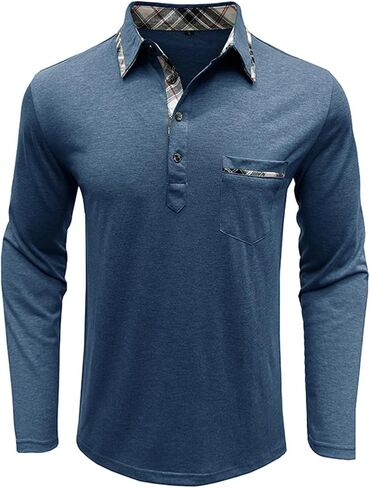 Aulemen Men's Long Sleeve Polo Shirts Casual Button Golf Tshirt Moisture Wicking Cotton Tee Collared Basic Shirts with Pocket in Kuwait