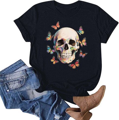 Summer Y2k Tops for Women Vintage Skull Shirts Casual Graphic Short Sleeve Tee Crew Neck Cotton Tshirts Tunics Blouses in Saudi Arabia